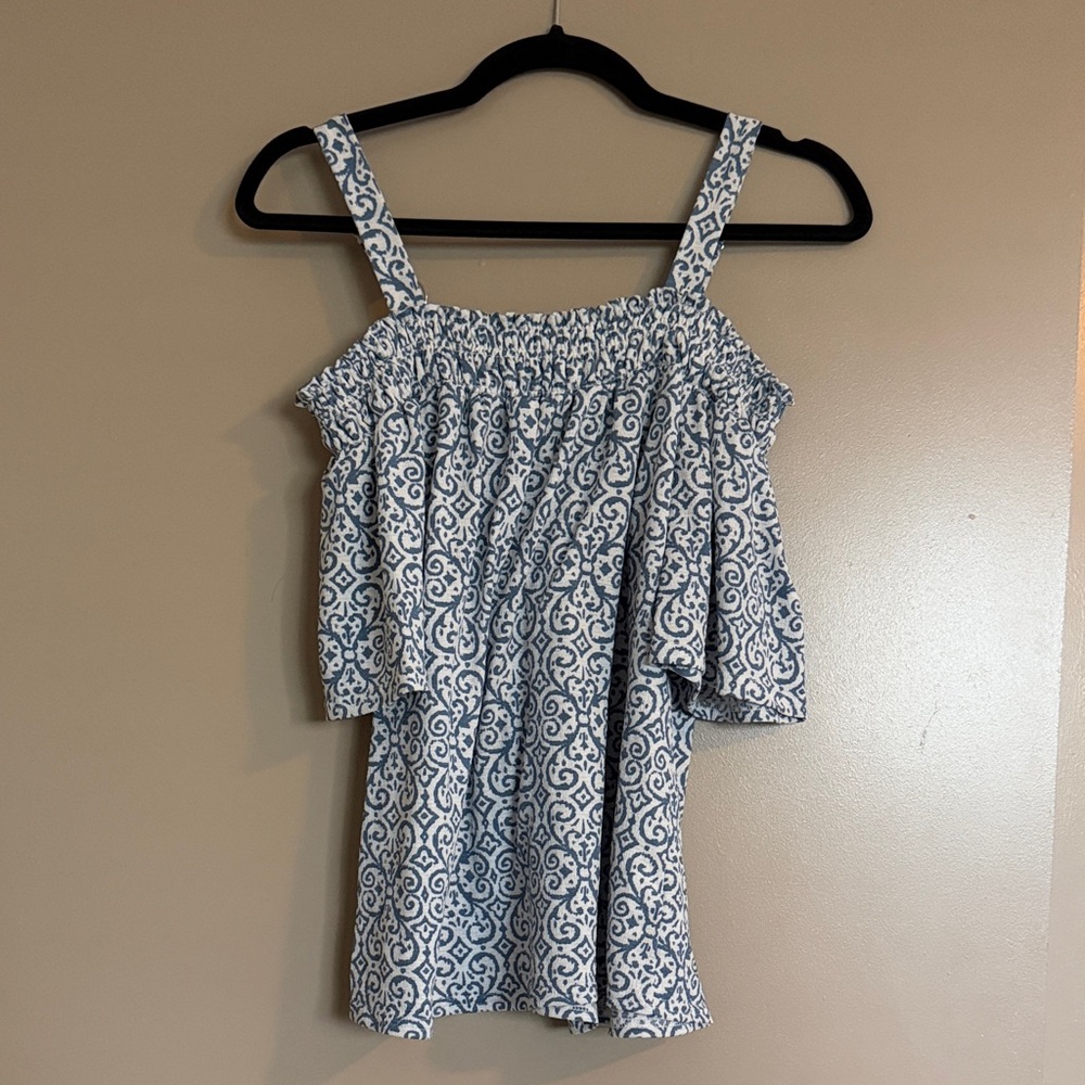 MELLODAY Blue and White Off-Shoulder Blouse
